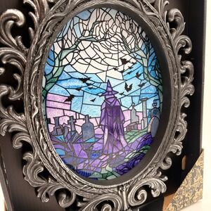 Christian Siriano Halloween Witch Graveyard Stained Glass Style Ornate Frame 18"